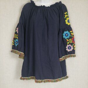VELZERA Festive Women's Boho Tunic Shirt (M) Floral Embroidery Navy Fringe Fun